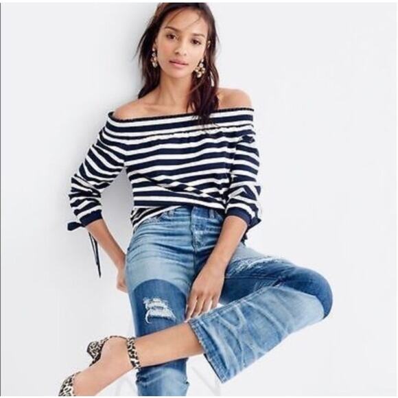 J. Crew Striped Off The Shoulder Top Navy Blue White Bow Sleeve G2549 Size L - Picture 2 of 13